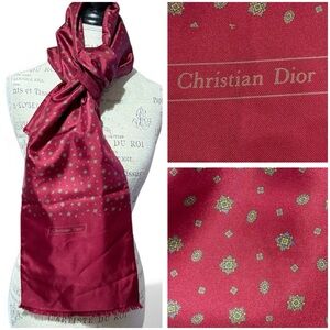 Vintage Christian Dior Reversible Silk and Wool Dark Red Printed Scarf 55” x 9”